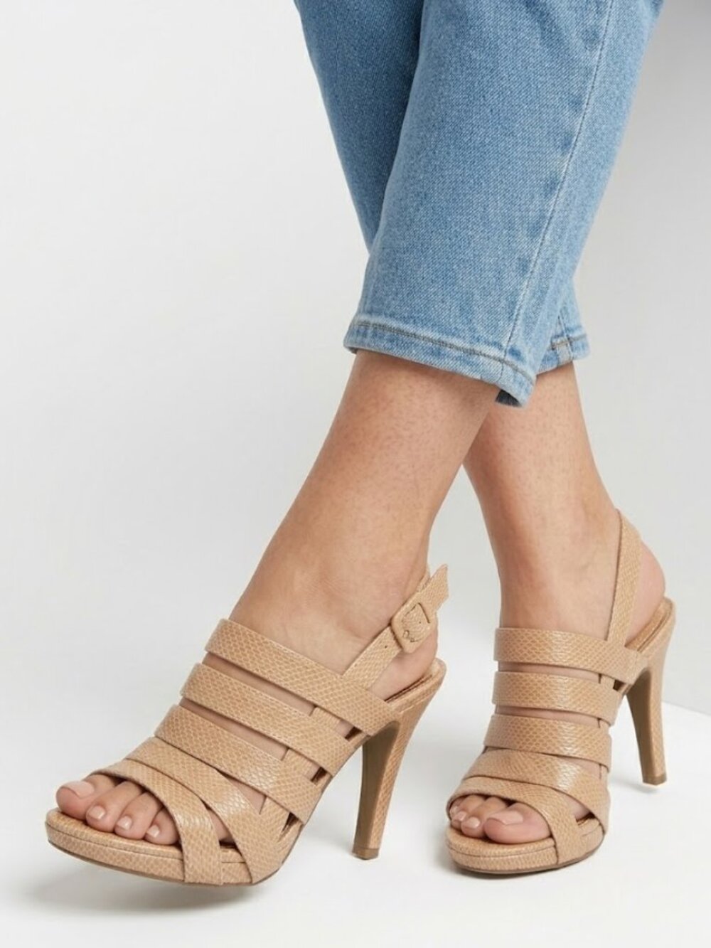IMPO Honey Y2K Snakeskin Caged Strappy Sandals Metallic Slingback Heeled 7.5M